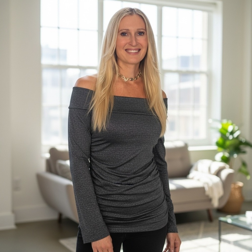 Boston Proper Charcoal Gray Metallic‎ Ruched Portrait Neck Long Sleeve Top XS